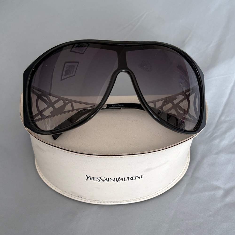 Yves Saint Laurent Black Shield Sunglasses with Lattice Arms